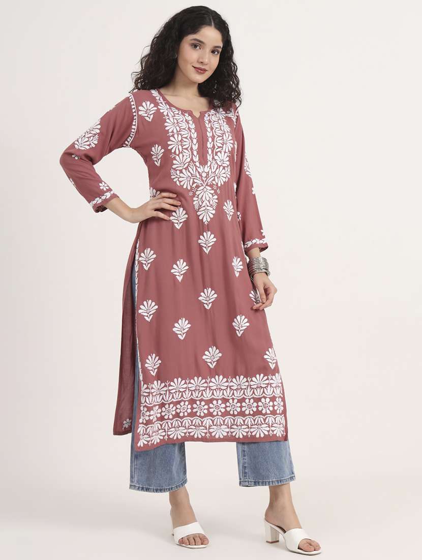 women solid with work long sleeve chikankari kurta - 21991102 - Standard Image - 2