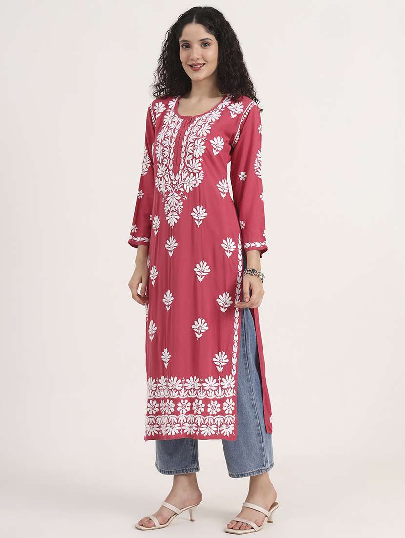 women solid with work long sleeve chikankari kurta - 21991103 - Standard Image - 2