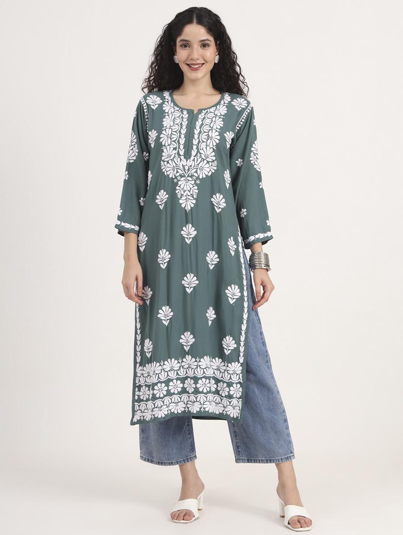 women solid with work long sleeve chikankari kurta - 21991104 - Zoom Image - 0