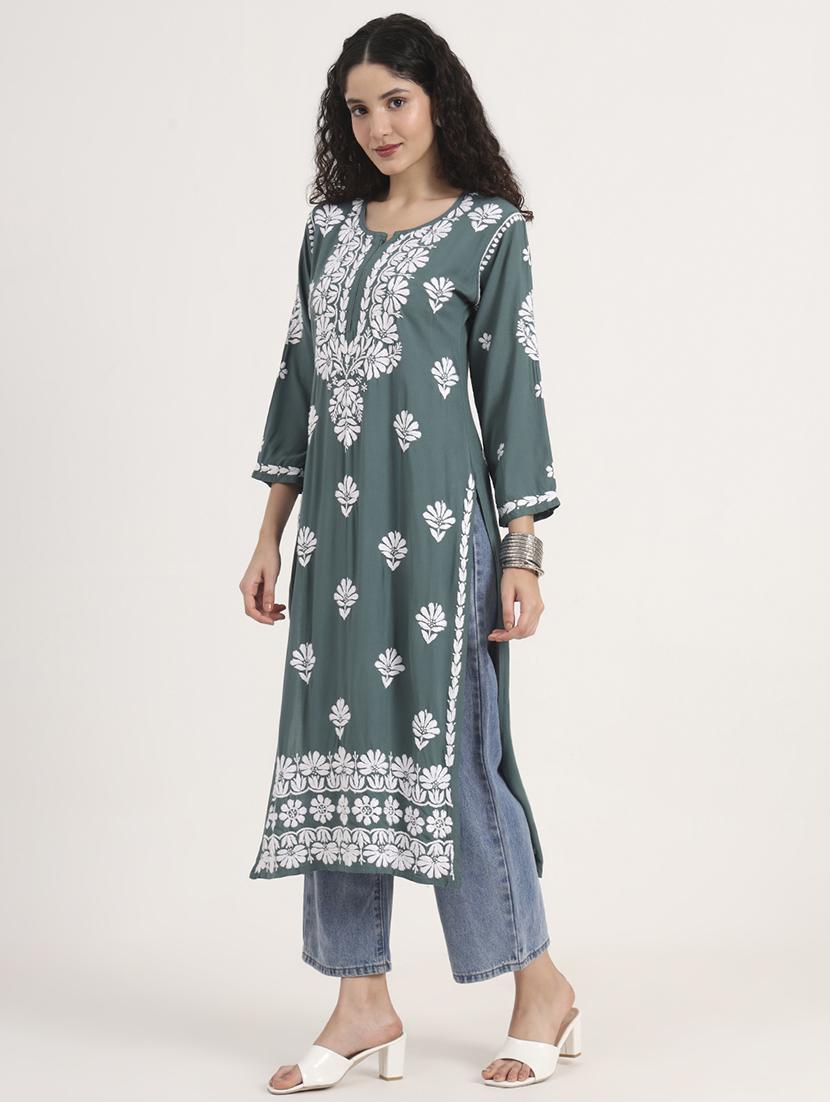 women solid with work long sleeve chikankari kurta - 21991104 - Standard Image - 2