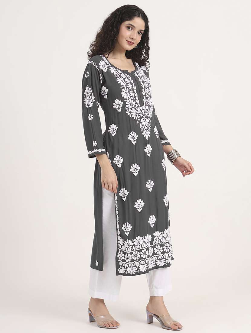 women solid with work long sleeve chikankari kurta - 21991105 -  Standard Image - 2