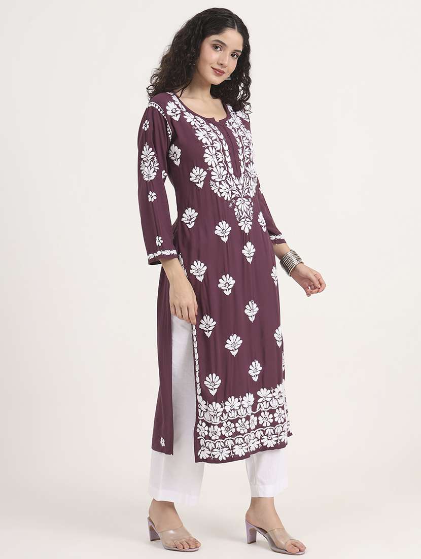 women solid with work long sleeve chikankari kurta - 21991107 -  Standard Image - 2
