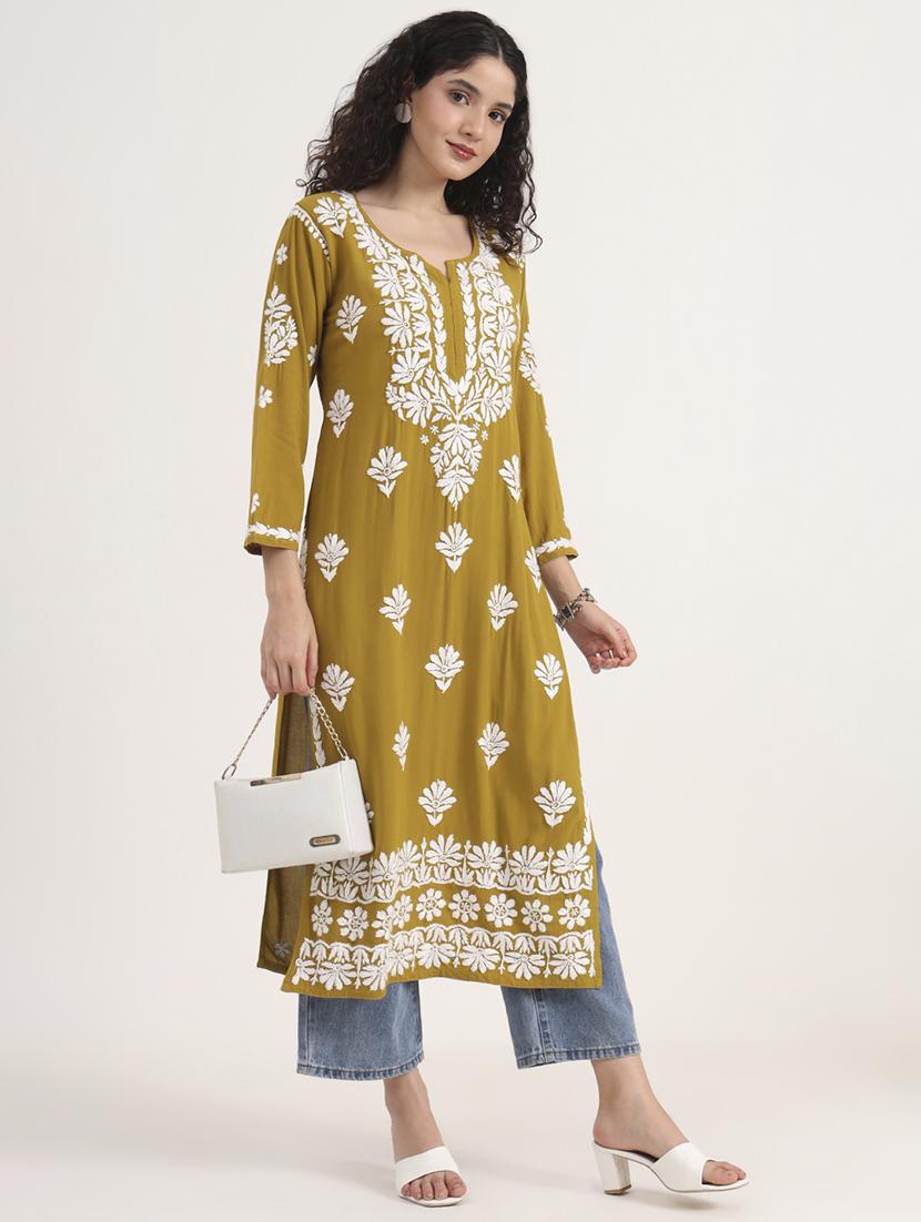 women solid with work long sleeve chikankari kurta - 21991108 -  Zoom Image - 0