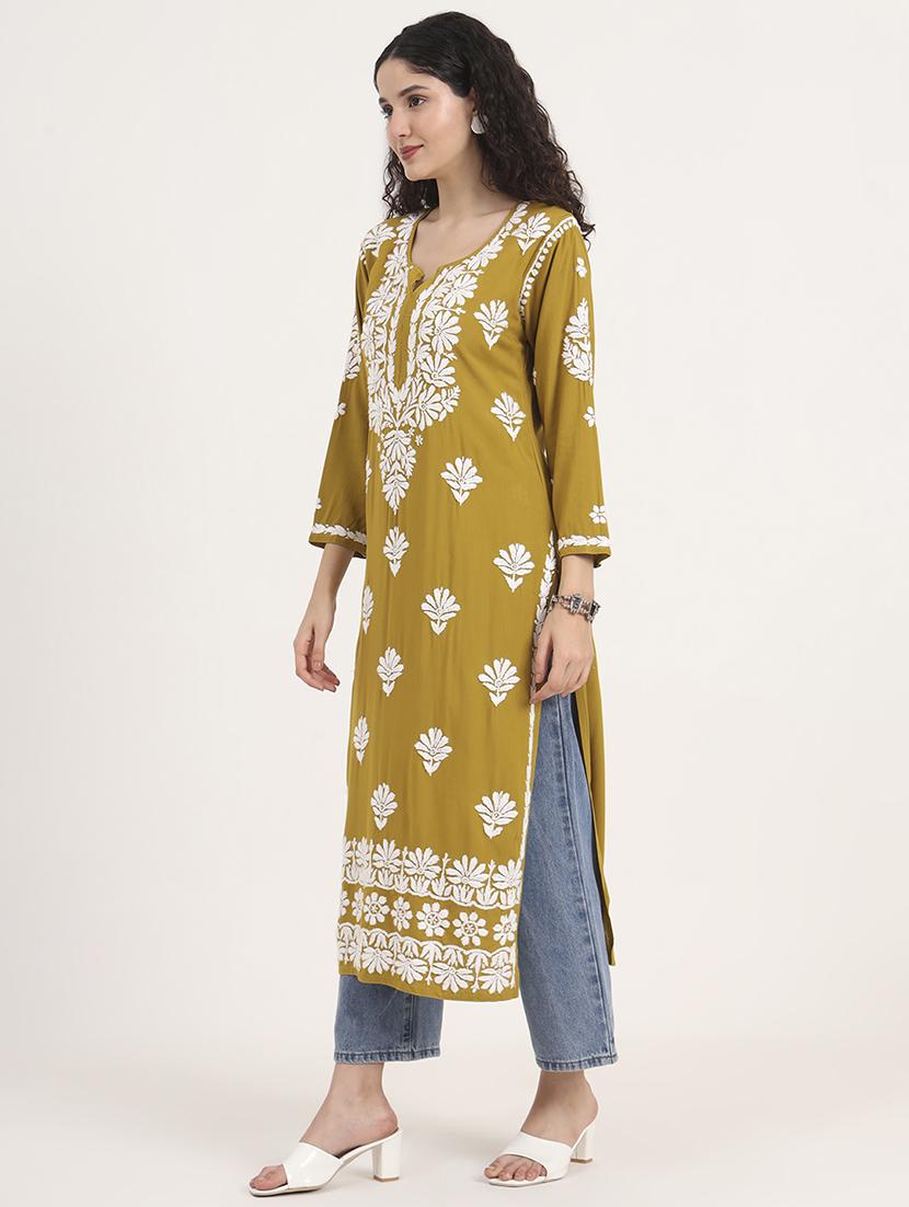 women solid with work long sleeve chikankari kurta - 21991108 - Standard Image - 2