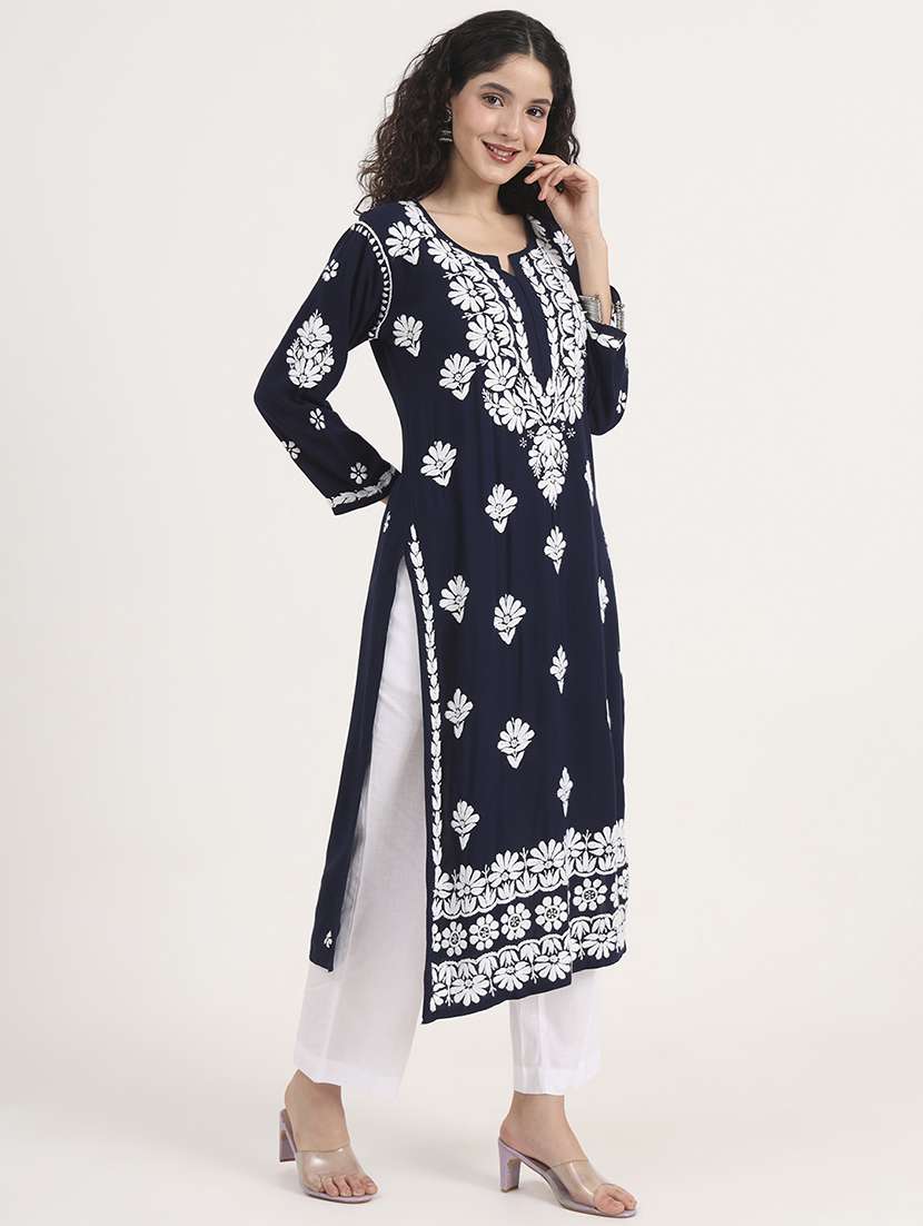 women solid with work long sleeve chikankari kurta - 21991109 - Standard Image - 2
