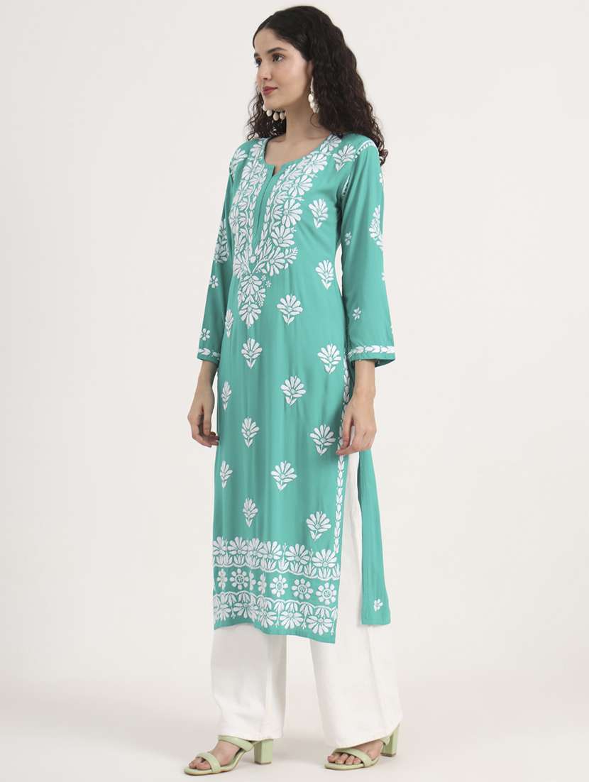 women solid with work long sleeve chikankari kurta - 21991110 - Standard Image - 2
