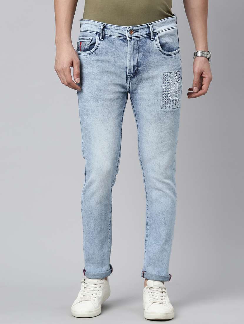 men washed mid rise full length jeans