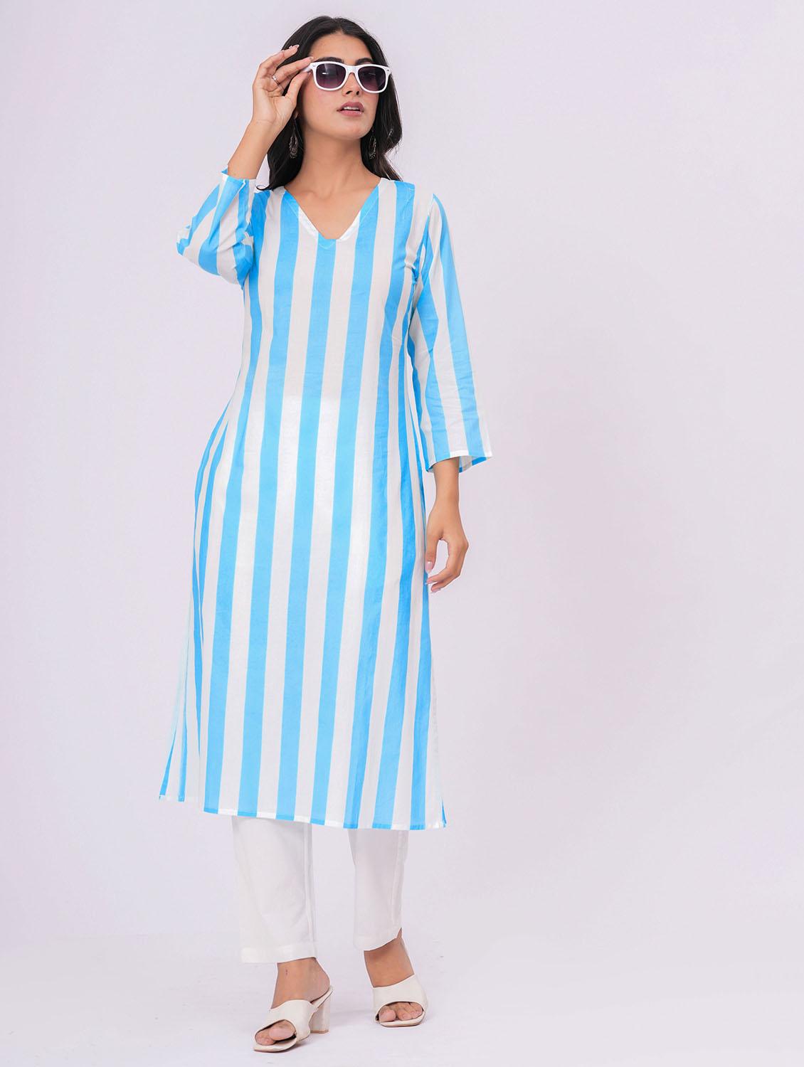 women striped three quarter sleeve straight kurta - 21991193 -  Zoom Image - 0