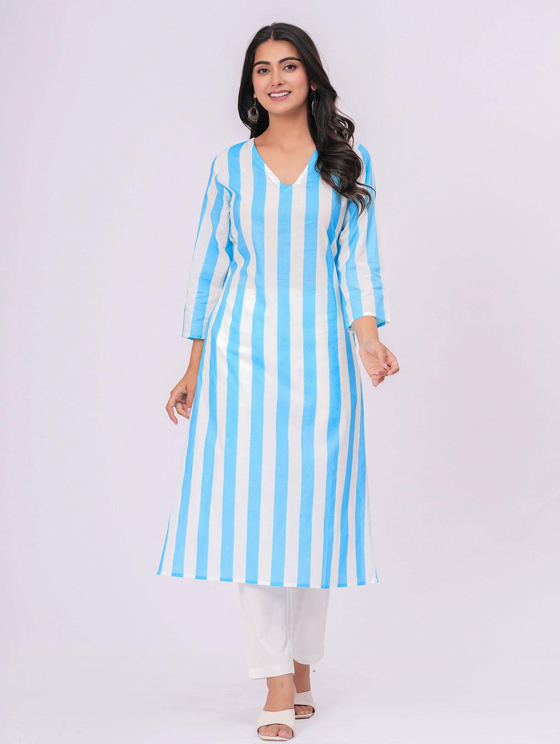 women striped three quarter sleeve straight kurta - 21991193 - Standard Image - 2