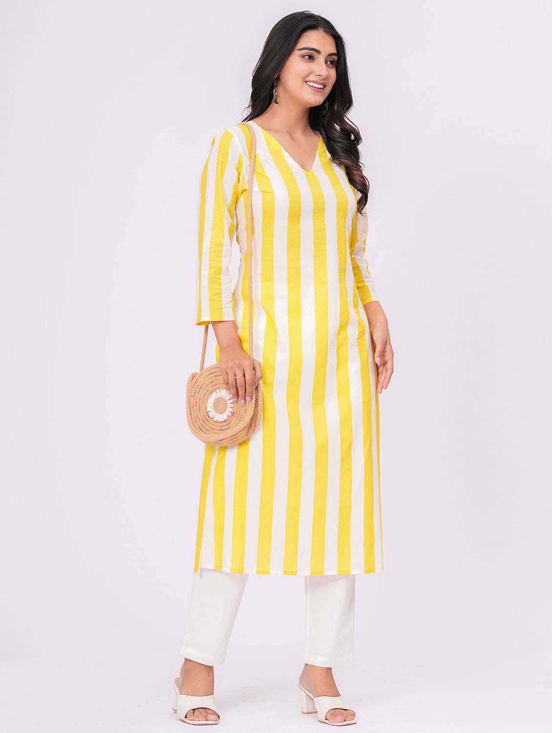 women striped three quarter sleeve straight kurta