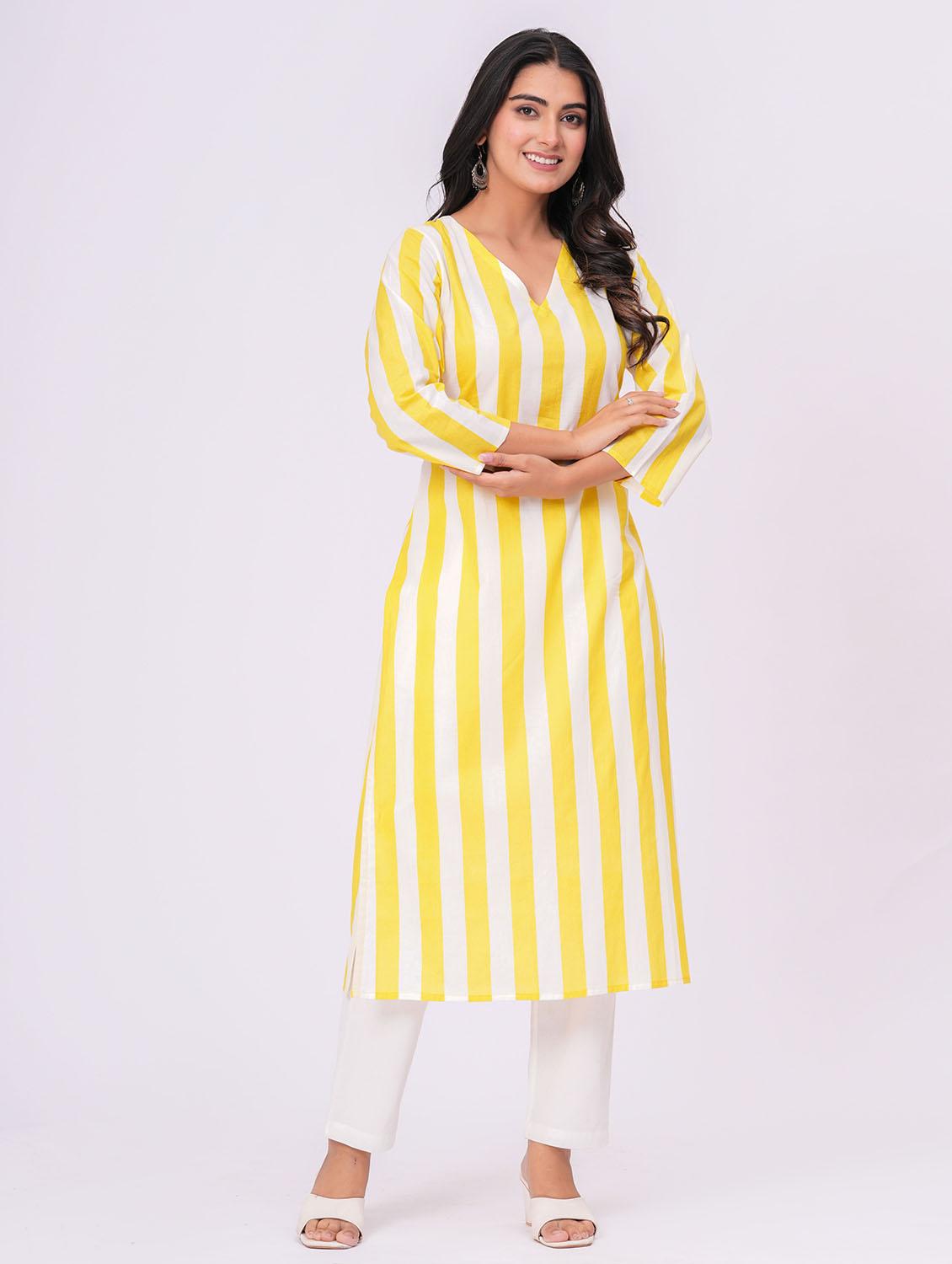 women striped three quarter sleeve straight kurta - 21991194 - Standard Image - 2