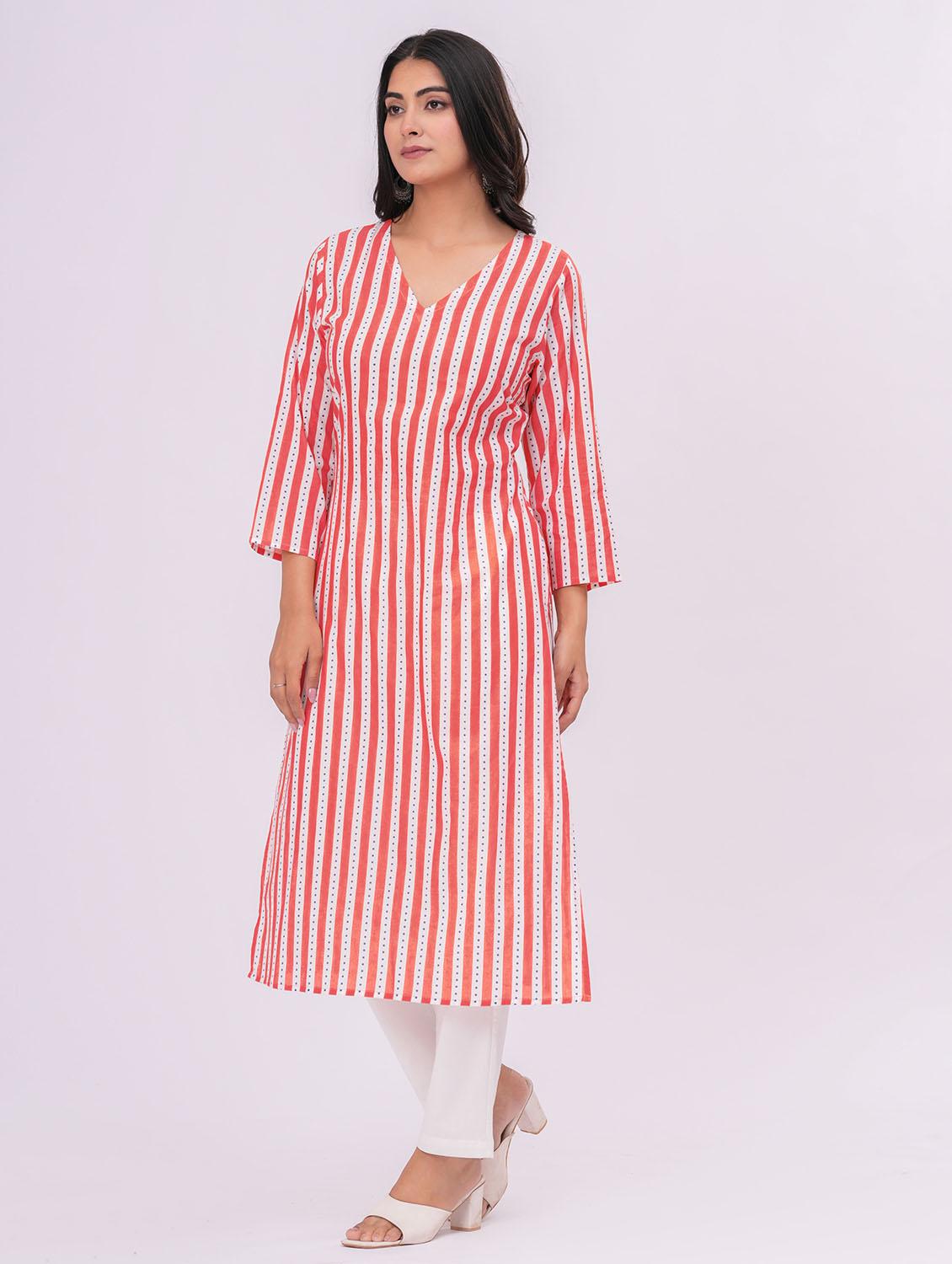 women striped three quarter sleeve a-line kurta - 21991195 - Standard Image - 2