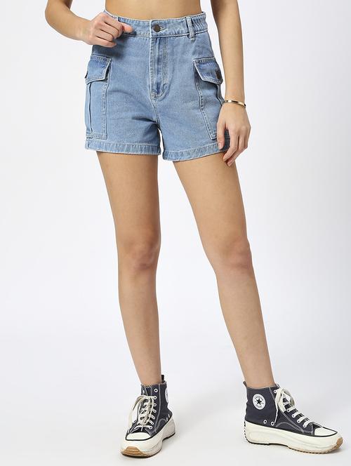 women solid high rise denim cargo short - 21991217 -  Standard Image - 0