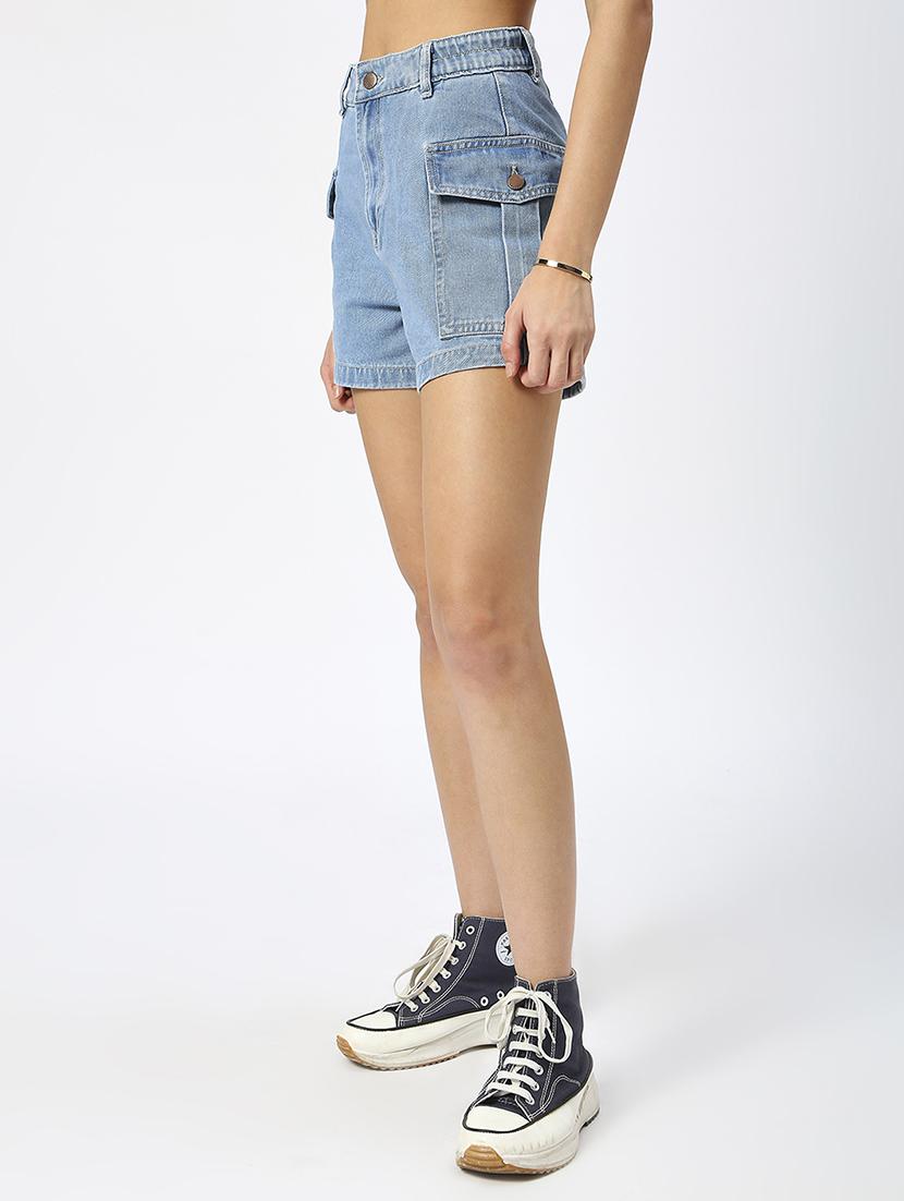 women solid high rise denim cargo short - 21991217 - Standard Image - 2