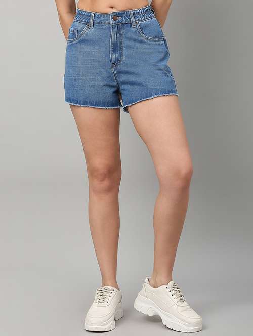 women solid mid rise denim shorts - 21991219 - Standard Image - 0