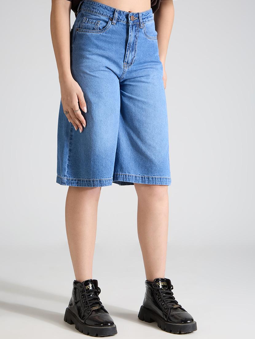 women solid high rise denim bermuda short - 21991220 - Standard Image - 2