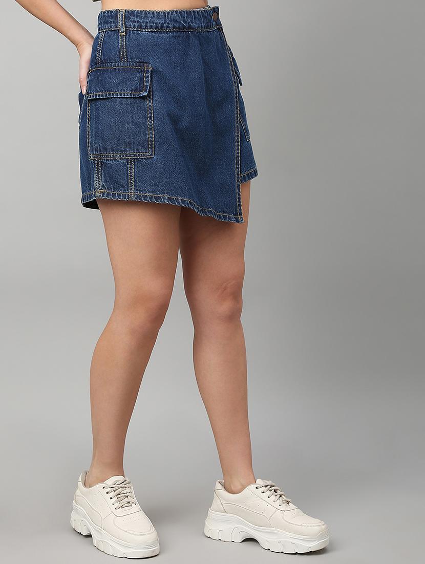 women solid high rise denim skorts - 21991223 - Standard Image - 2