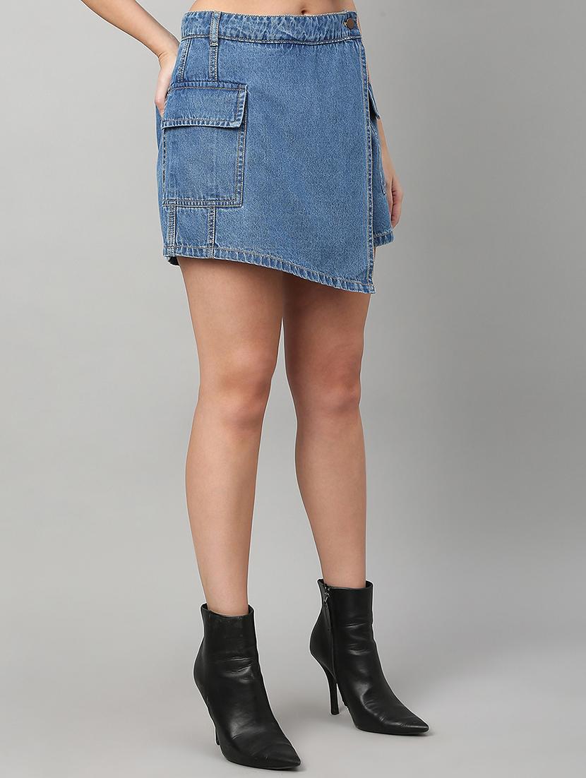 women solid high rise denim skorts - 21991224 - Standard Image - 2