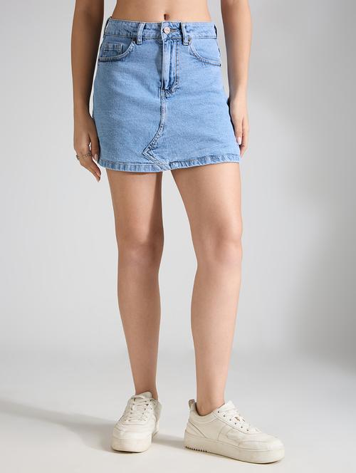 women solid high rise denim skorts - 21991225 - Standard Image - 0