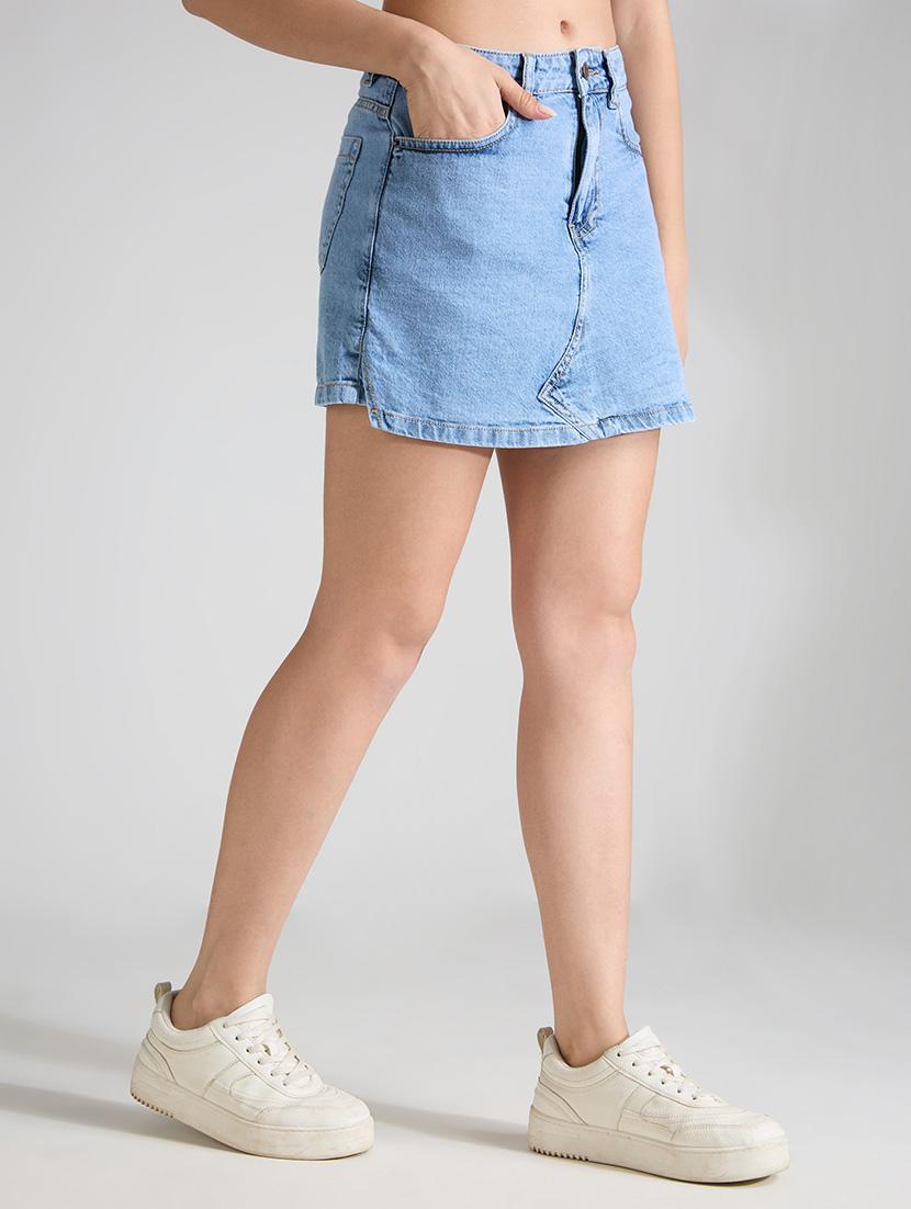 women solid high rise denim skorts - 21991225 - Standard Image - 2