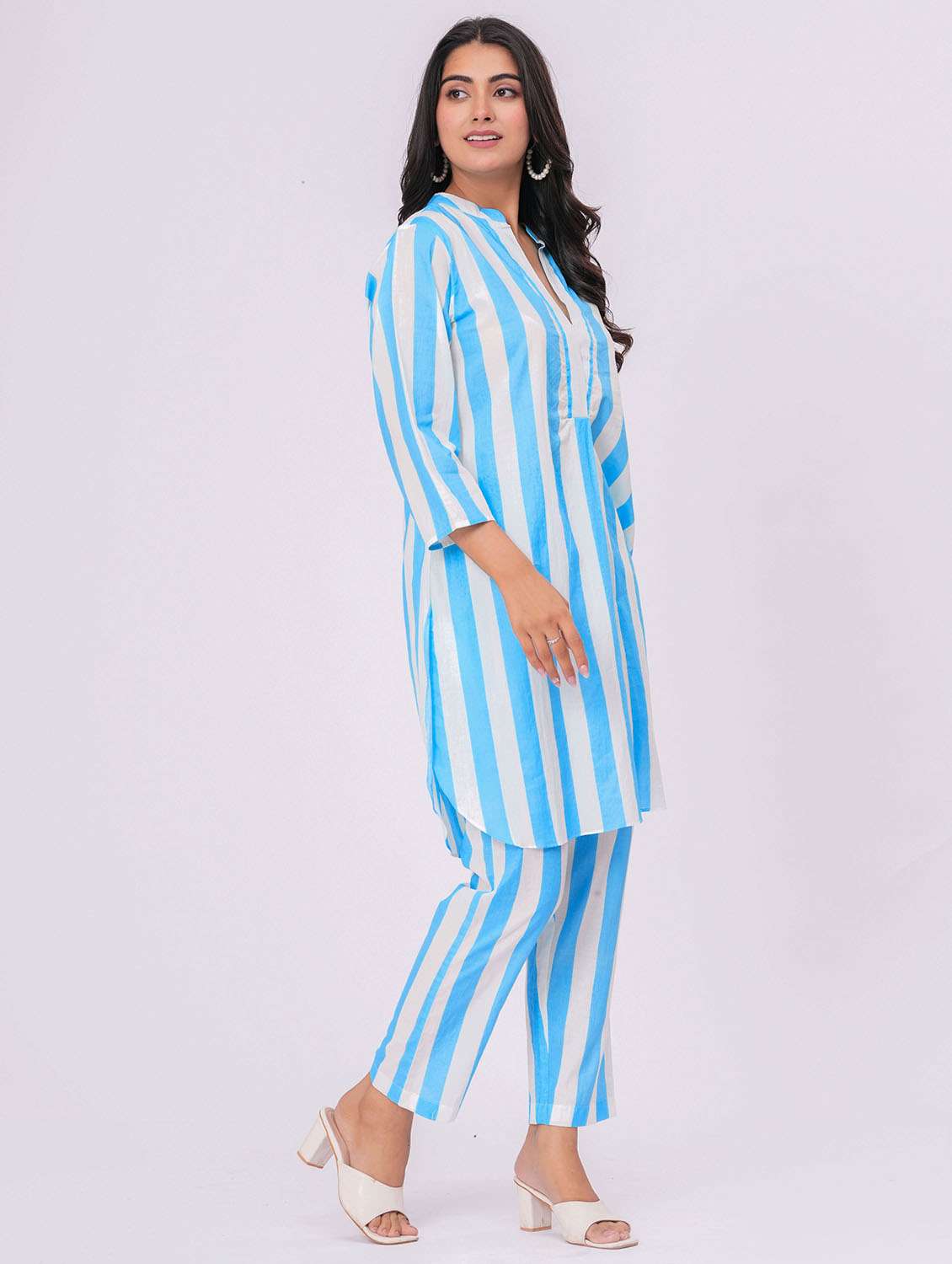 women striped three quarter sleeve ethnic co-ord set - 21991261 - Standard Image - 2