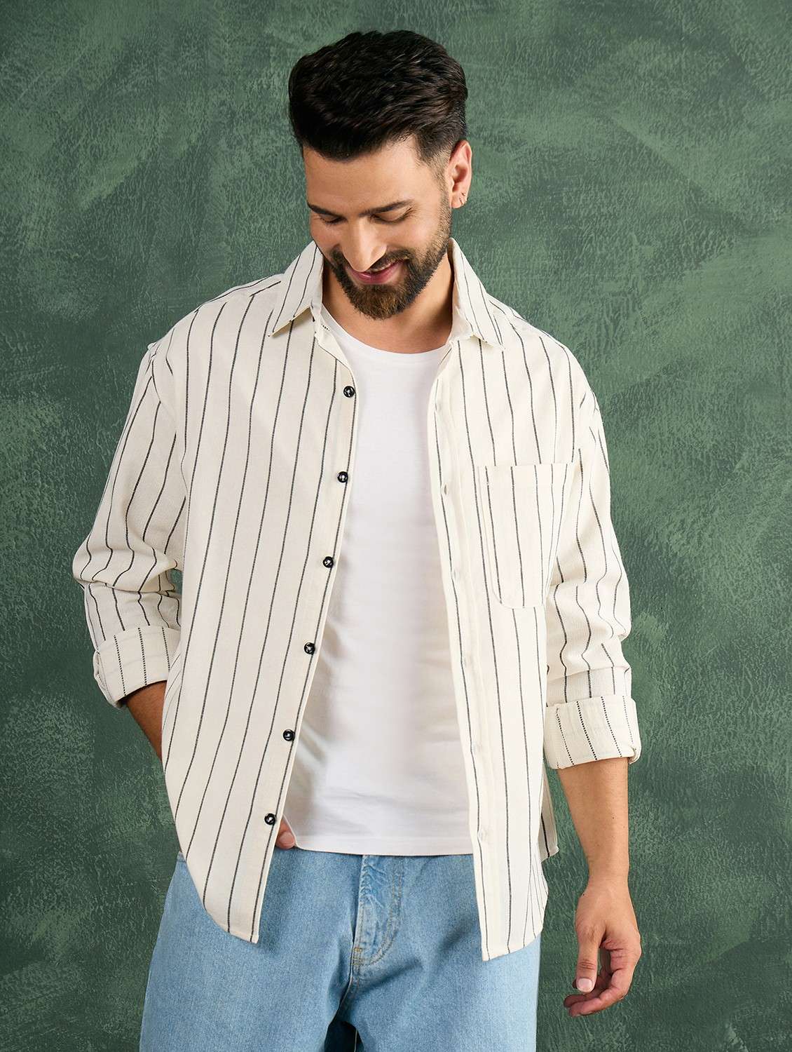 men striped collared long sleeve oversized shirt - 21991273 -  Standard Image - 2