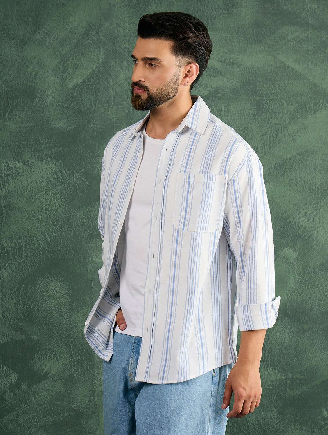 men striped collared long sleeve oversized shirt - 21991274 -  Standard Image - 2