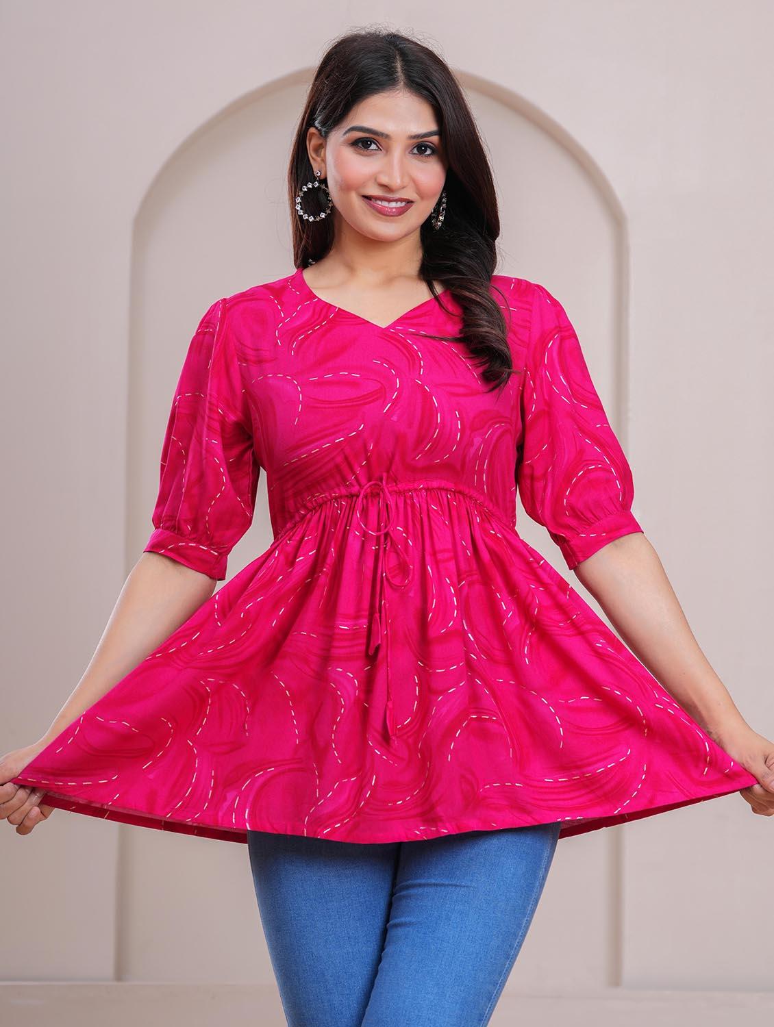 women printed puff sleeve peplum top - 21991355 - Standard Image - 2