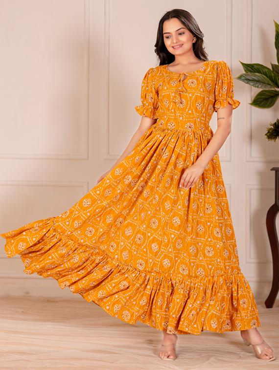 women printed puff sleeve tiered dress - 21991368 - Standard Image - 2