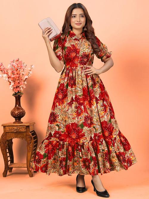 women printed collared puff sleeve tiered dress - 21991369 - Standard Image - 0