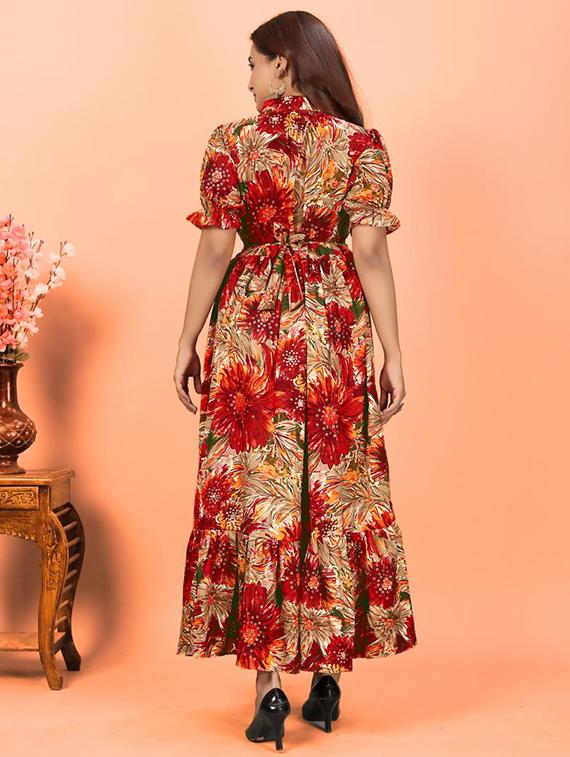 women printed collared puff sleeve tiered dress - 21991369 - Standard Image - 2