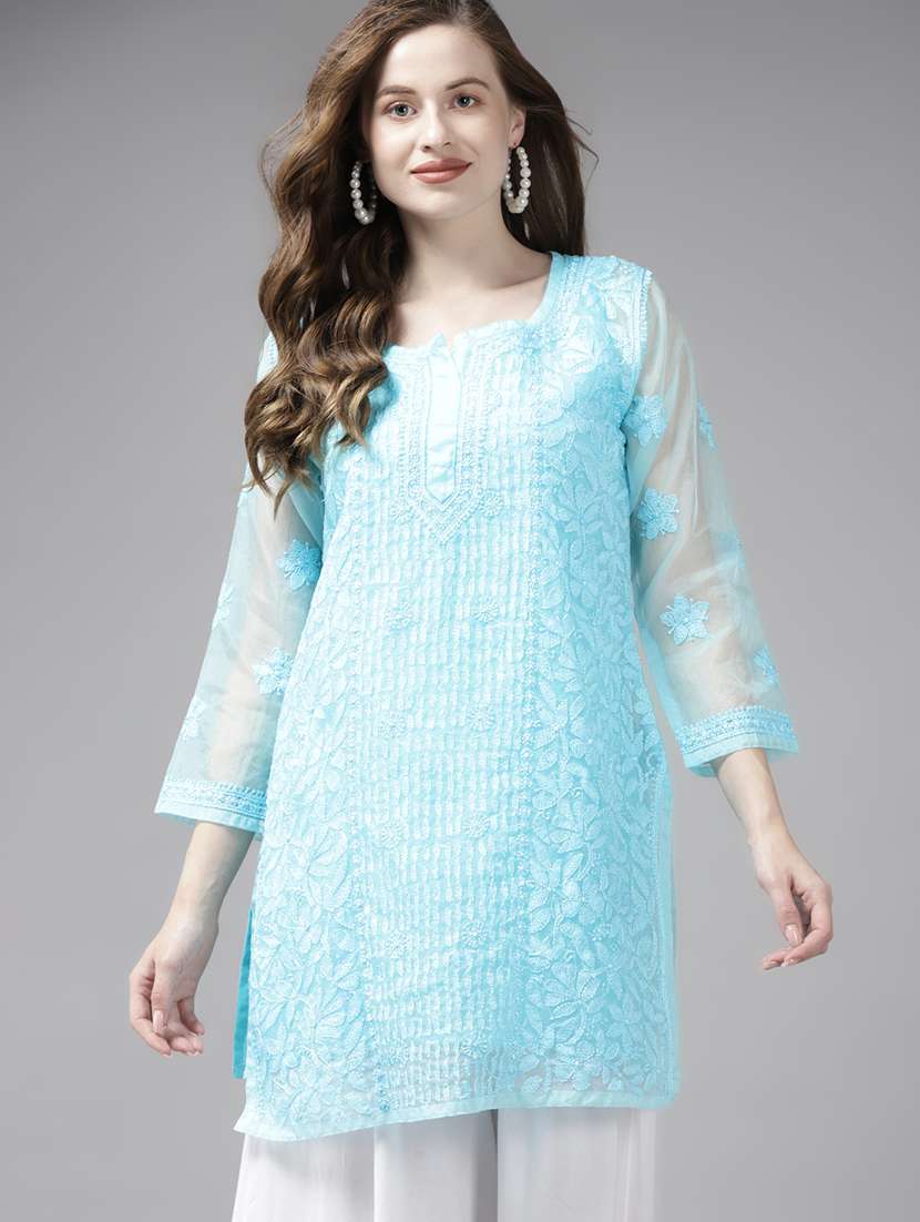 women solid with work long sleeve chikankari kurti