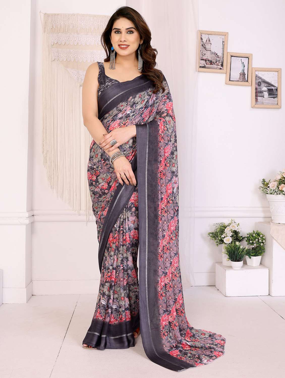 women floral printed saree with blouse