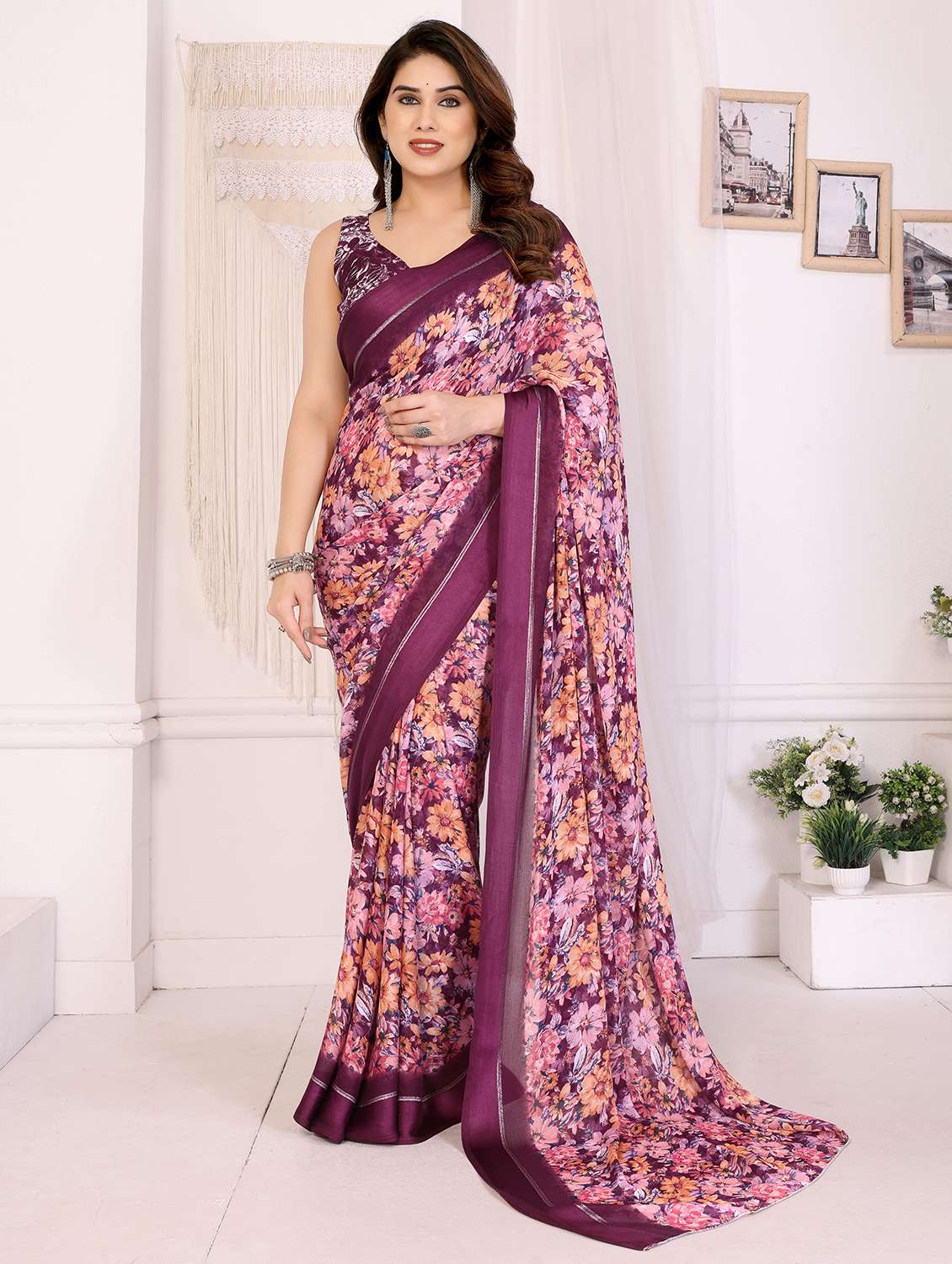 women floral printed saree with blouse