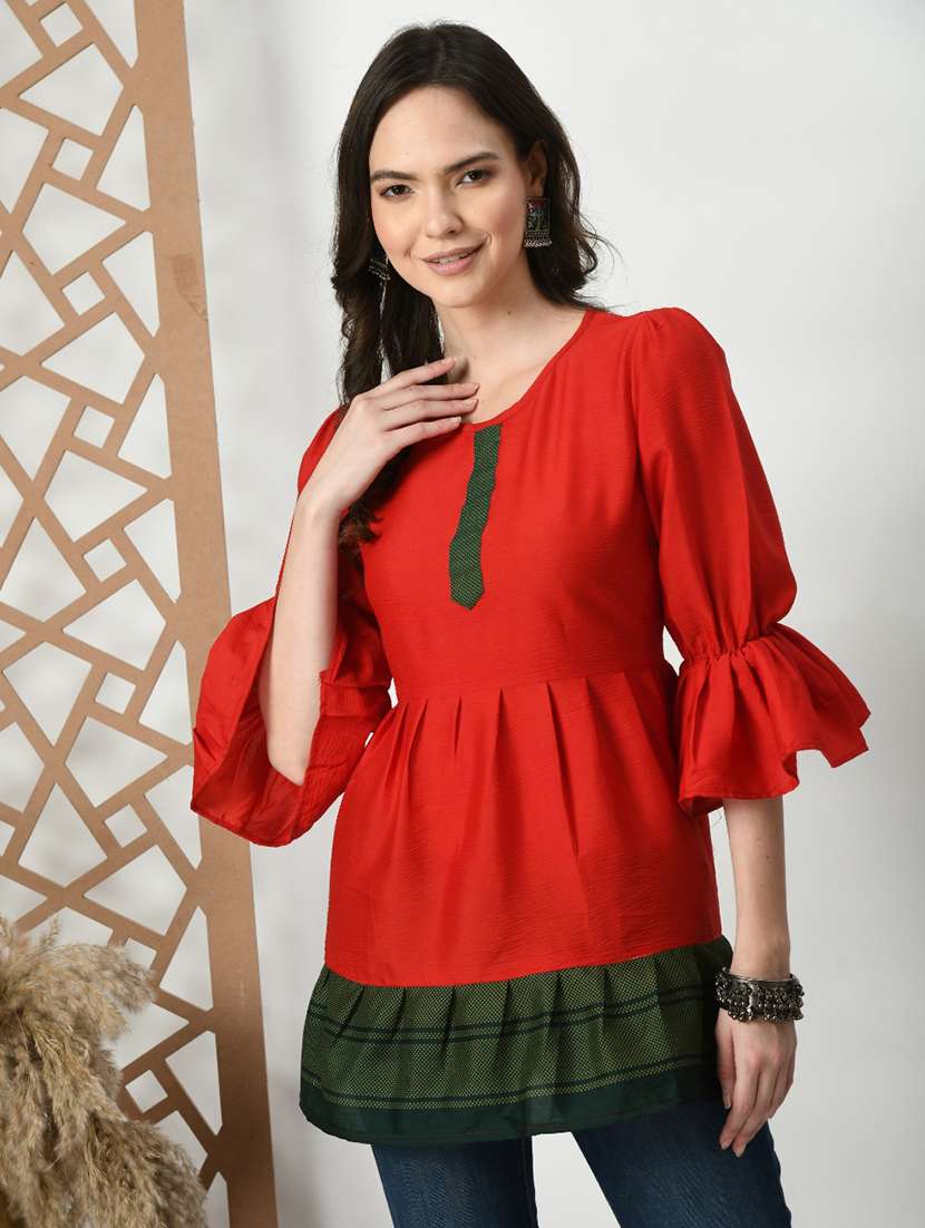 women solid bell sleeve tiered kurti