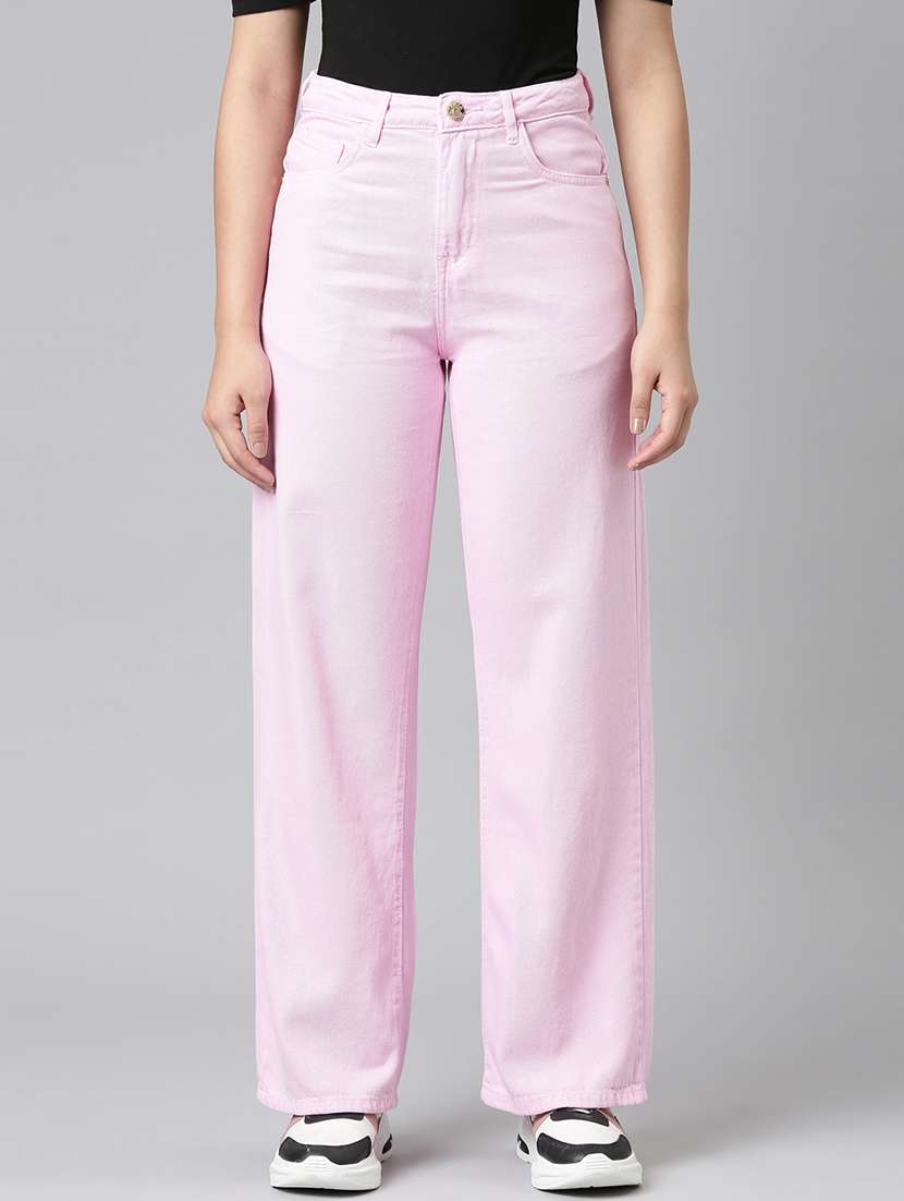 women solid high rise wide leg jean