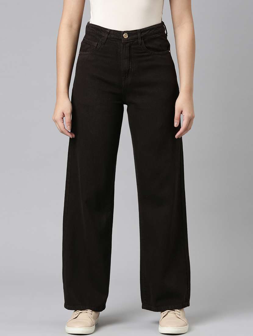 women solid high rise wide leg jean