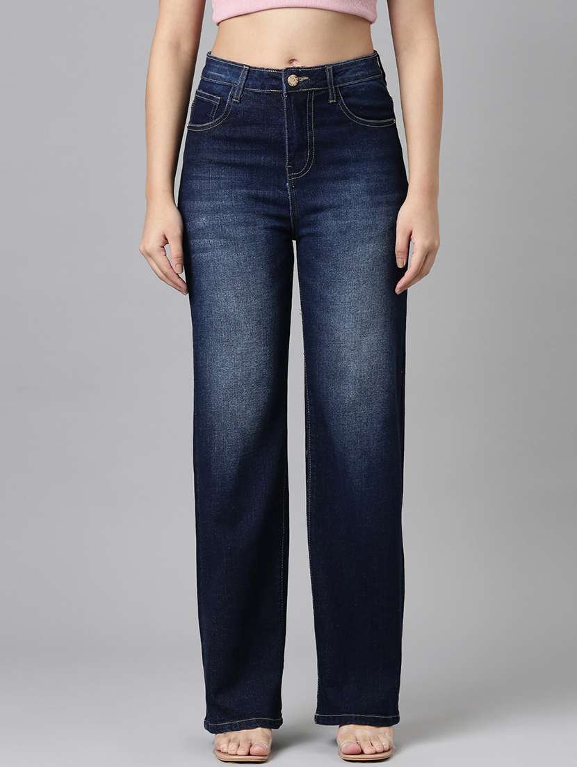 women washed high rise straight fit jean