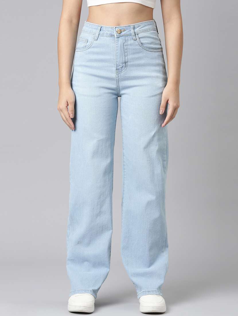 women washed high rise straight fit jean