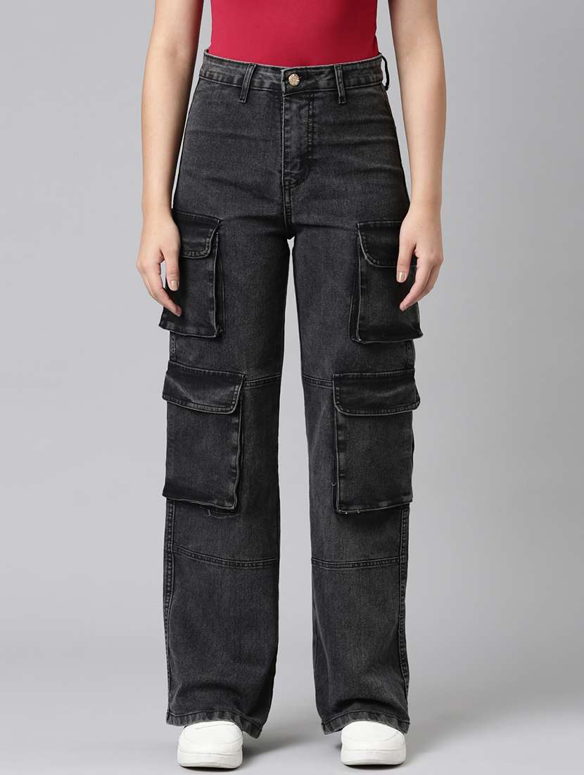 women solid high rise relaxed fit cargo