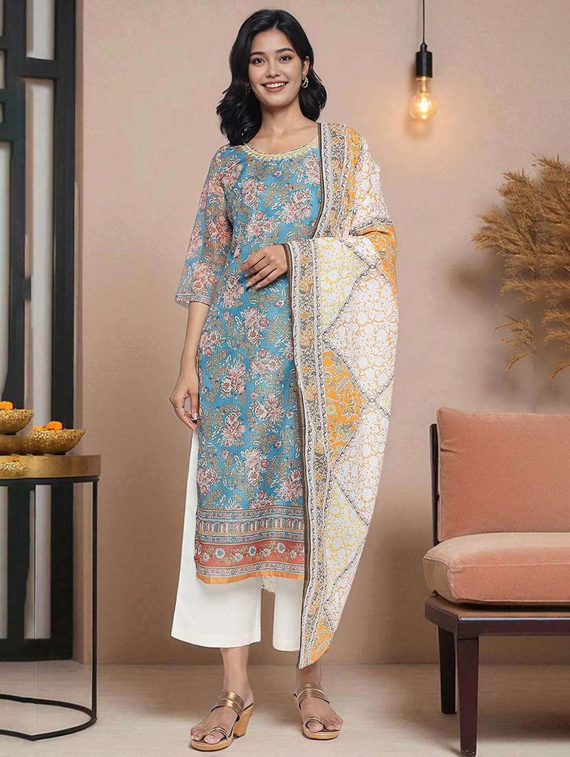blue cotton blend kurta palazzo  set