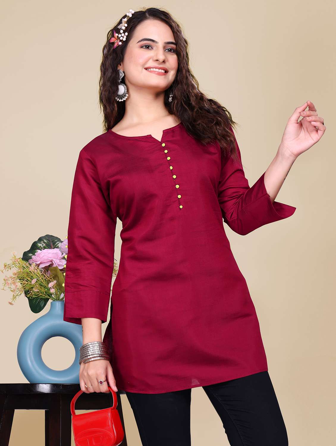 women solid three quarter sleeve straight kurti