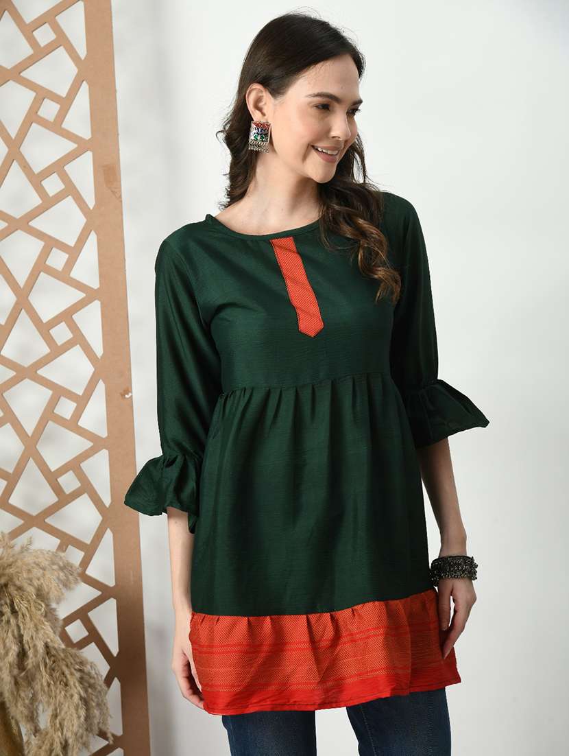women color blocked bell sleeve tiered kurti - 21992218 -  Standard Image - 2