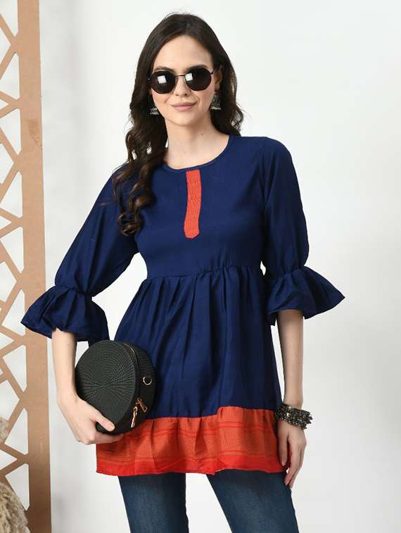women color blocked bell sleeve tiered kurti