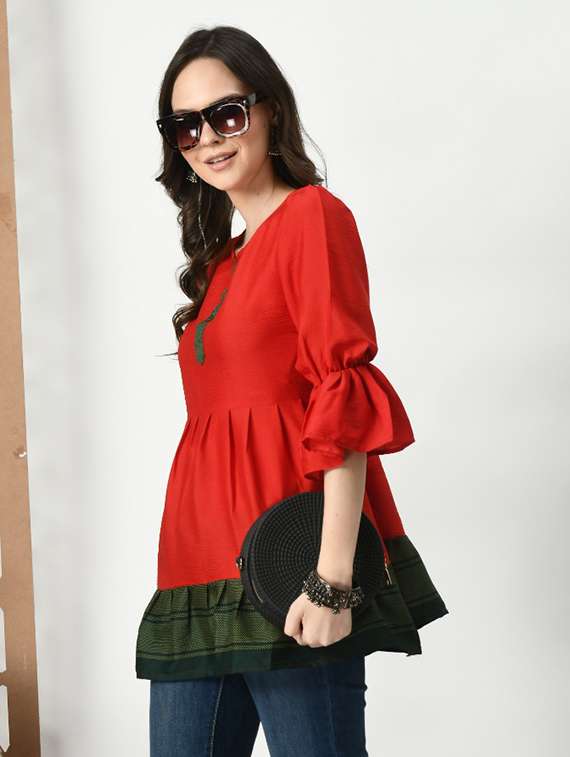 women color blocked bell sleeve tiered kurti - 21992220 -  Standard Image - 2