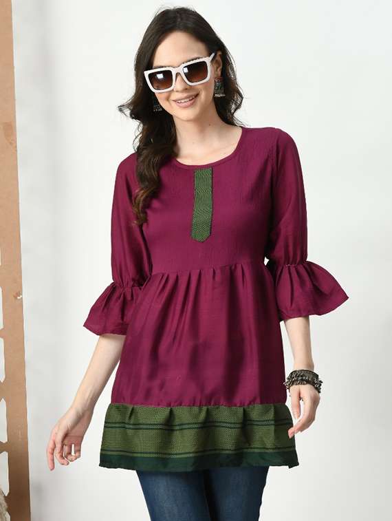 women color blocked bell sleeve tiered kurti