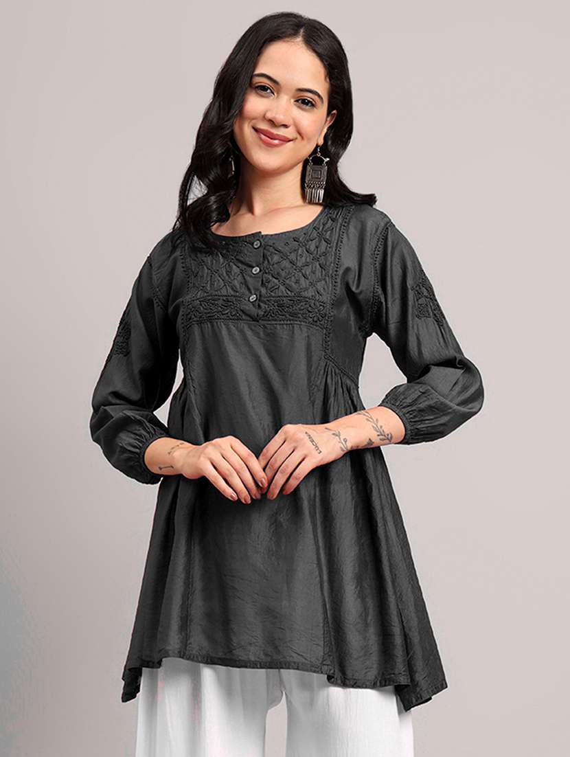 women solid with work round neck a-line chikankari kurti