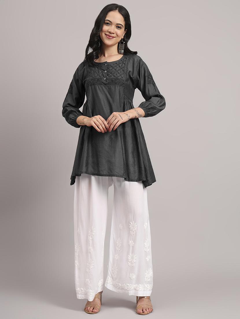 women solid with work round neck a-line chikankari kurti - 21992357 - Standard Image - 2