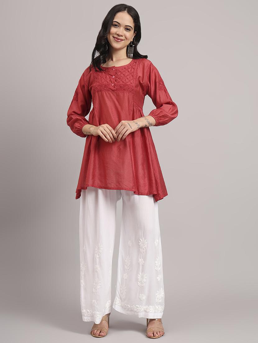 women solid with work round neck a-line chikankari kurti - 21992358 - Zoom Image - 0