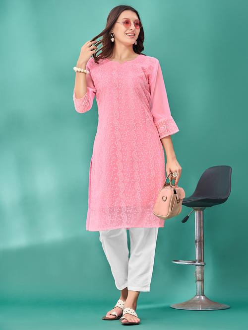women solid with work three quarter sleeve straight kurta - 21992379 - Standard Image - 0